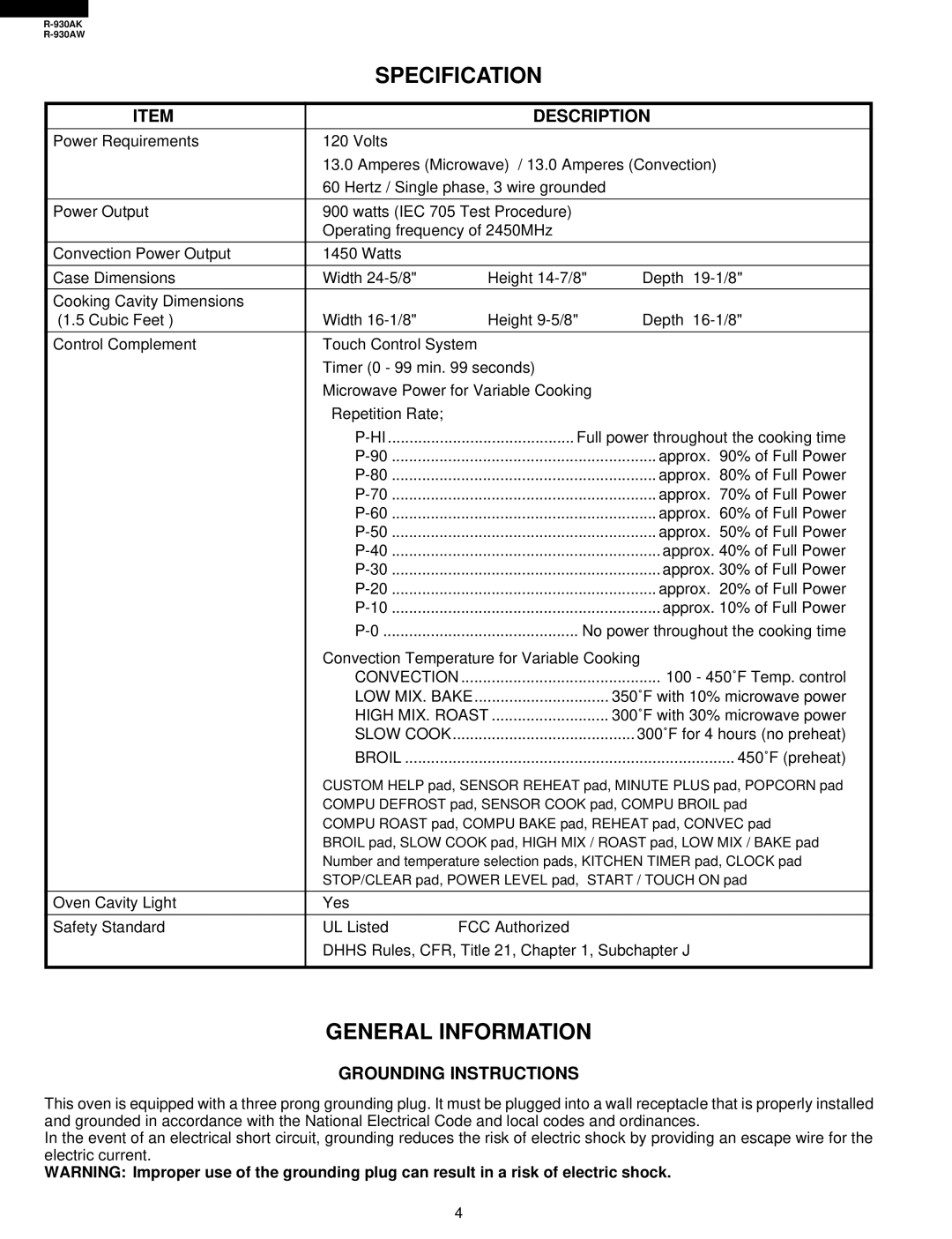 Sharp R-930AW service manual Specification, General Information, Description, Grounding Instructions 