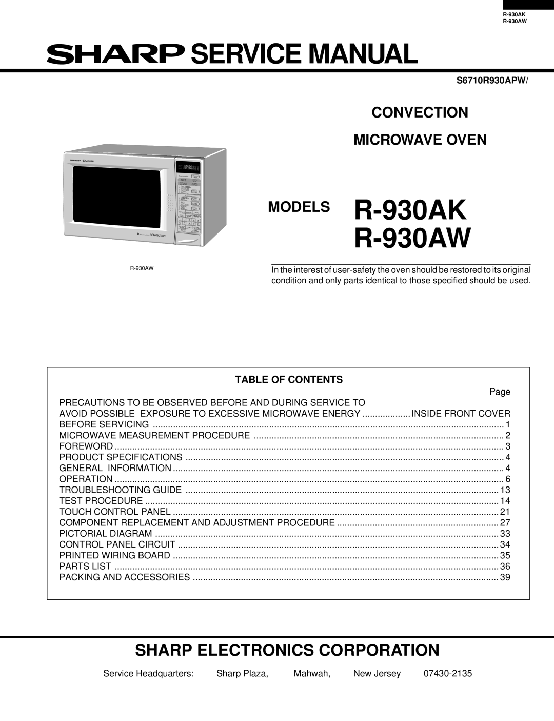 Sharp service manual Sharp Electronics Corporation, Table Of Contents, Service Manual, MODELS R-930AK R-930AW 