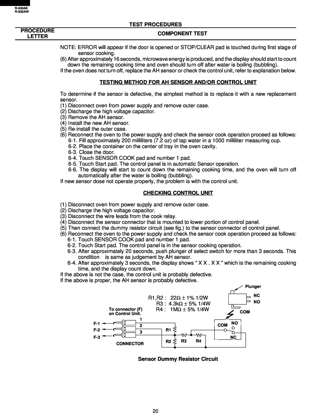 Sharp R-930AW Test Procedures Procedure, Letter, Component Test, Testing Method For Ah Sensor And/Or Control Unit, 1% 1/2W 