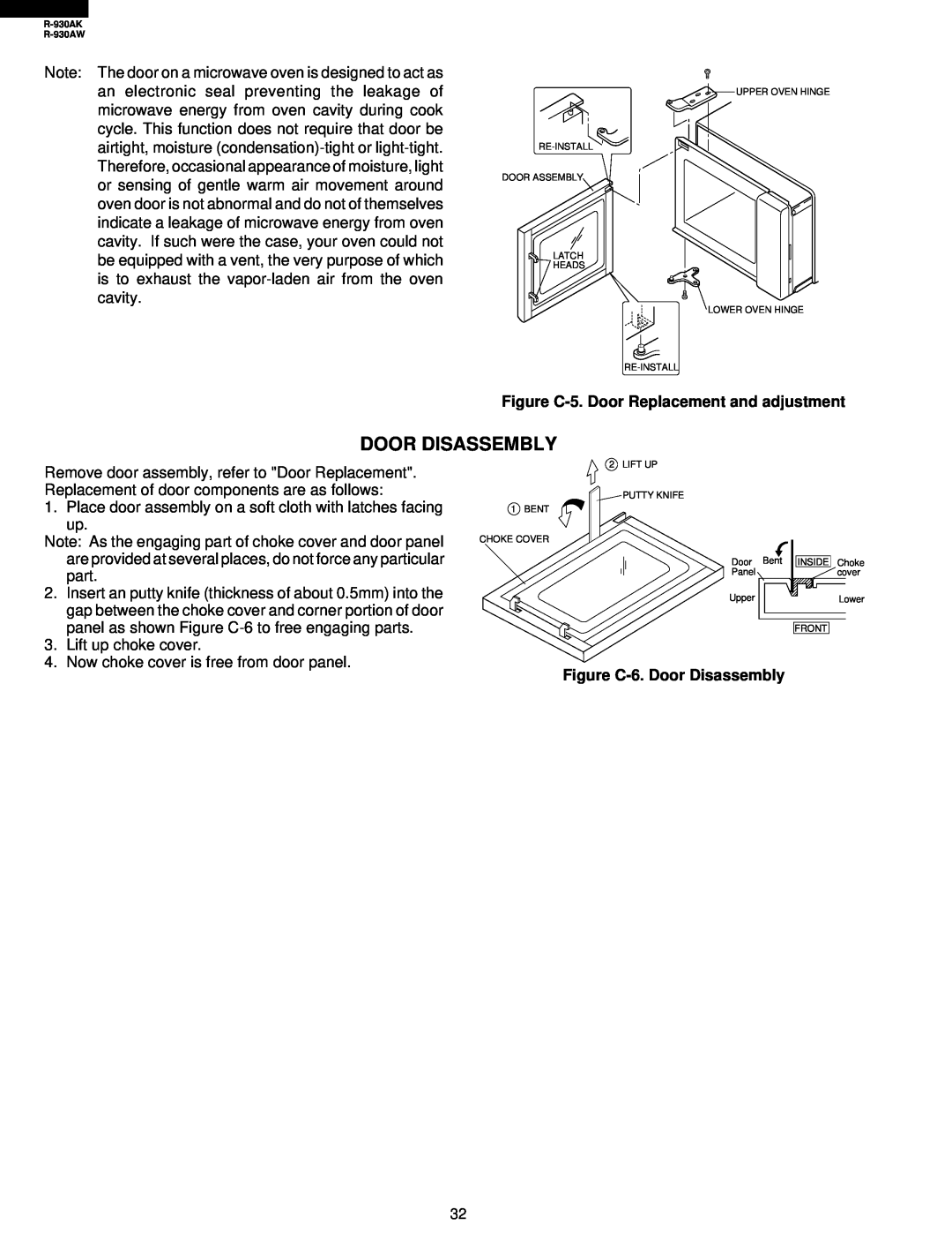 Sharp R-930AW service manual Figure C-5. Door Replacement and adjustment, Figure C-6. Door Disassembly 