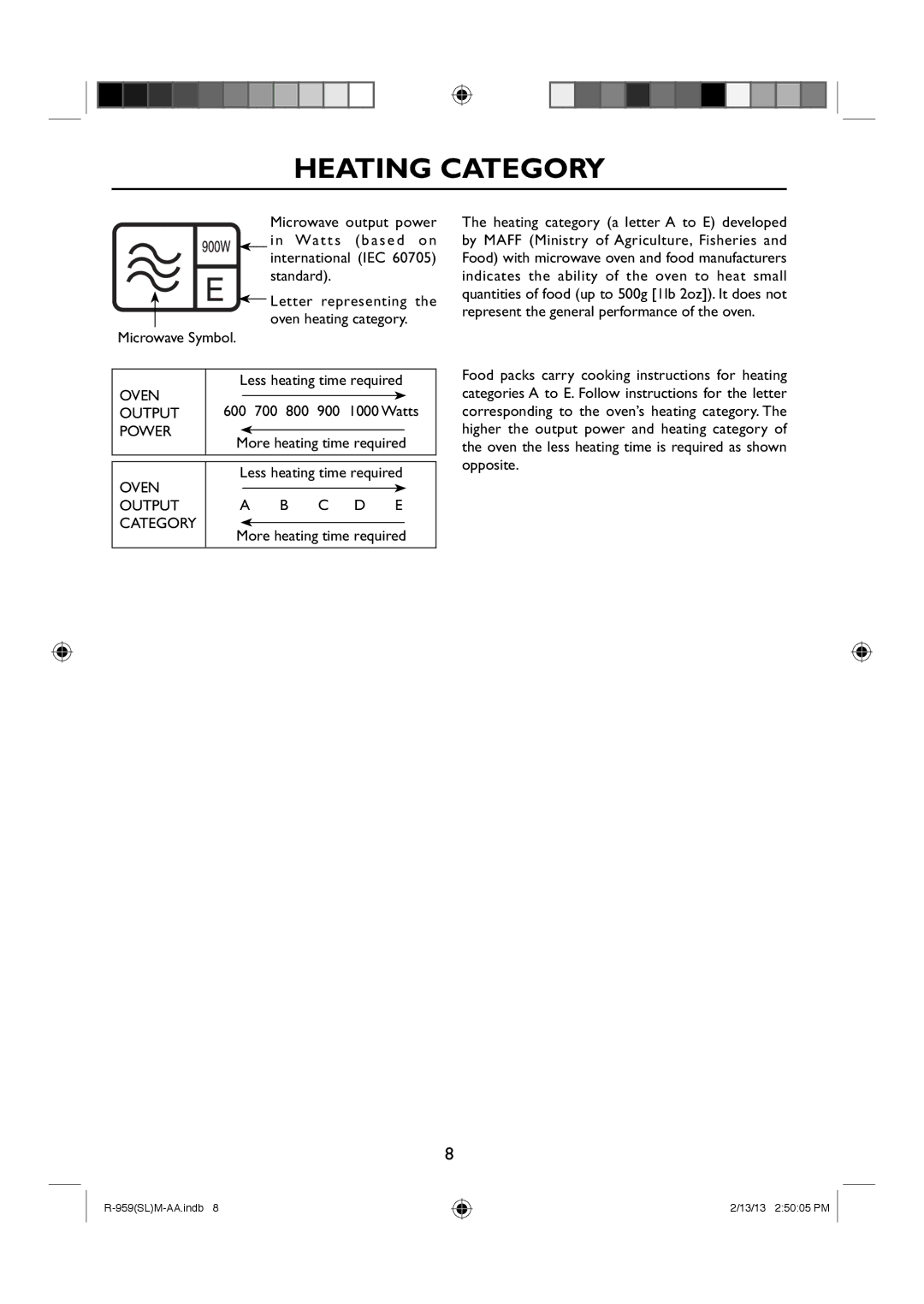 Sharp R-959(SL)M-AA manual Heating Category, Oven, 600 700 800 900 Watts, Output Power, Output Category 