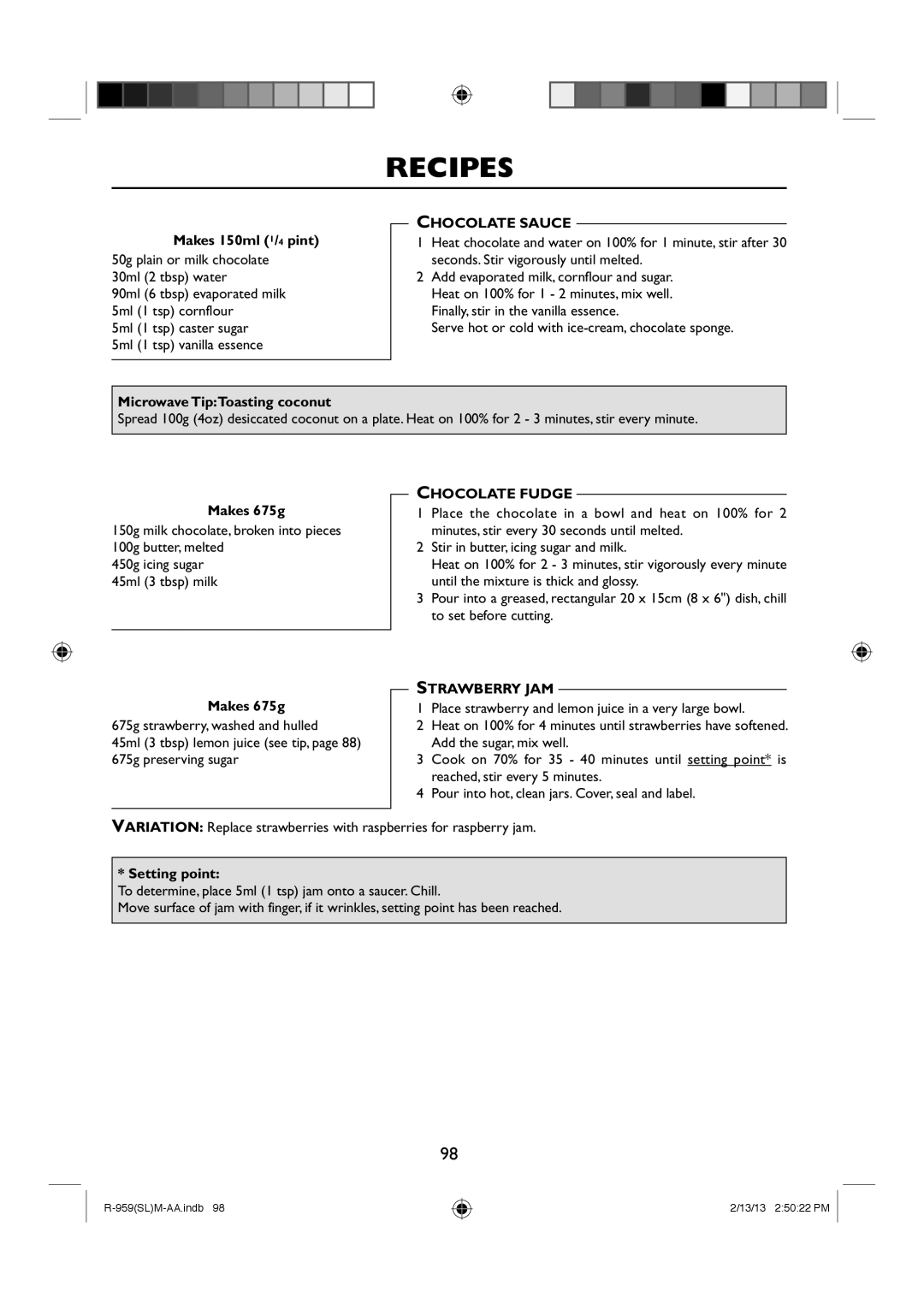 Sharp R-959(SL)M-AA manual Chocolate Sauce, Chocolate Fudge, Strawberry JAM 