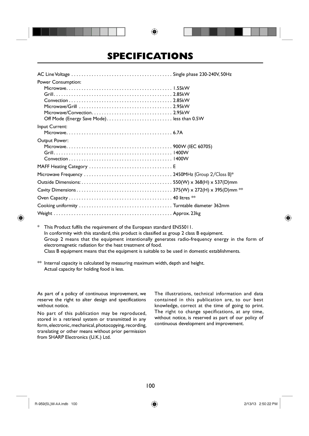 Sharp R-959(SL)M-AA manual Specifications 