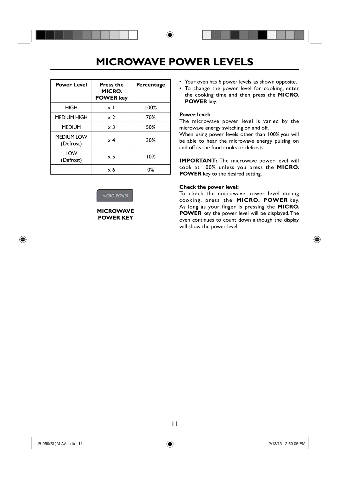 Sharp R-959(SL)M-AA manual Microwave Power Levels, Microwave Power KEY 