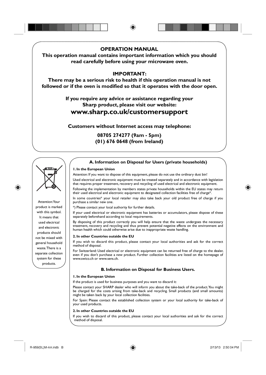 Sharp R-959(SL)M-AA manual Information on Disposal for Users private households, Information on Disposal for Business Users 