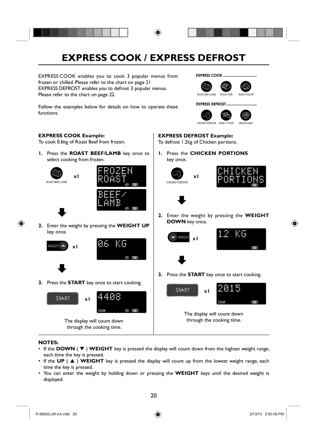 Sharp R-959(SL)M-AA manual Express Cook / Express Defrost, Express Cook Example, Express Defrost Example 