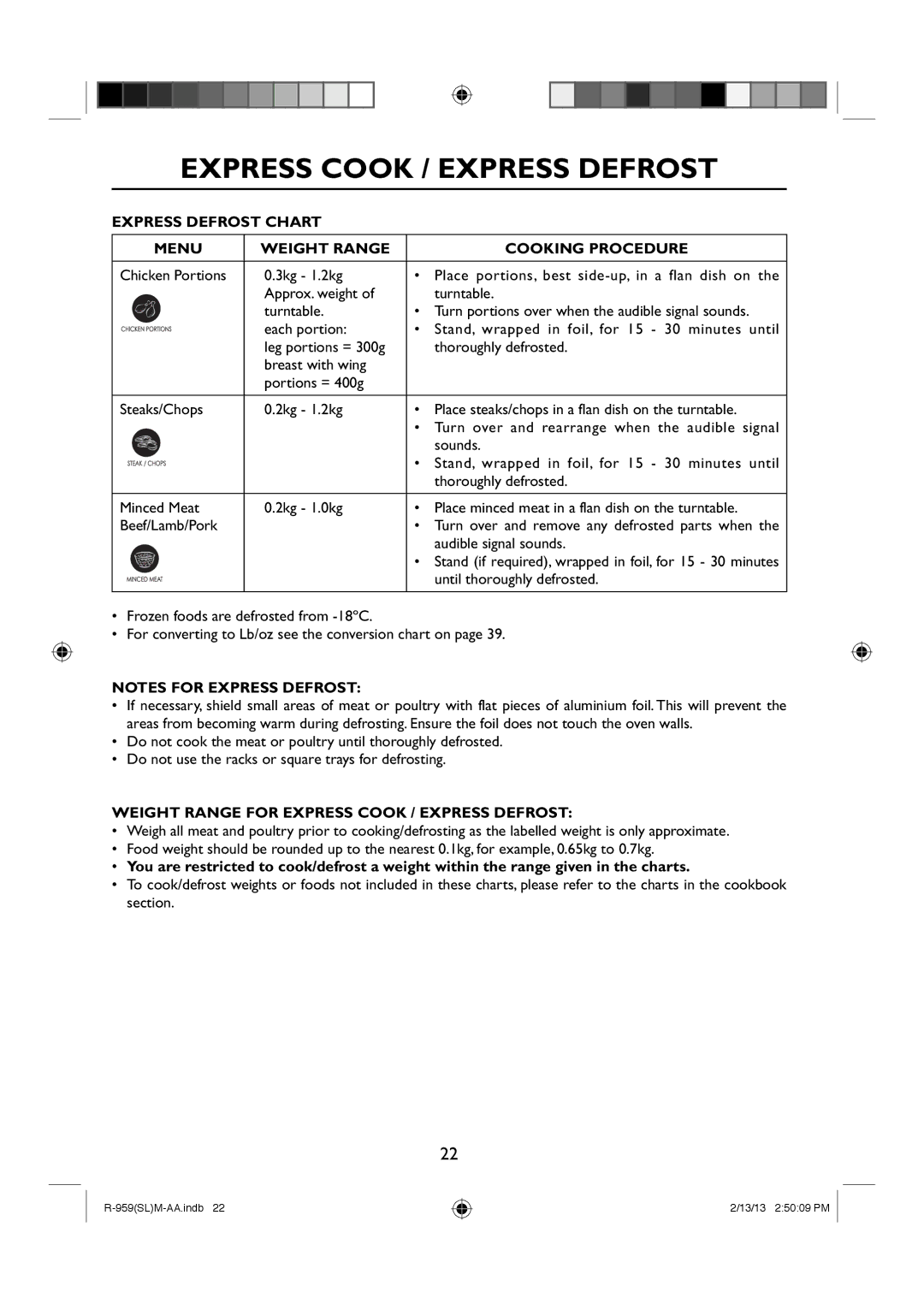 Sharp R-959(SL)M-AA manual Express Defrost Chart Menu Weight Range Cooking Procedure 