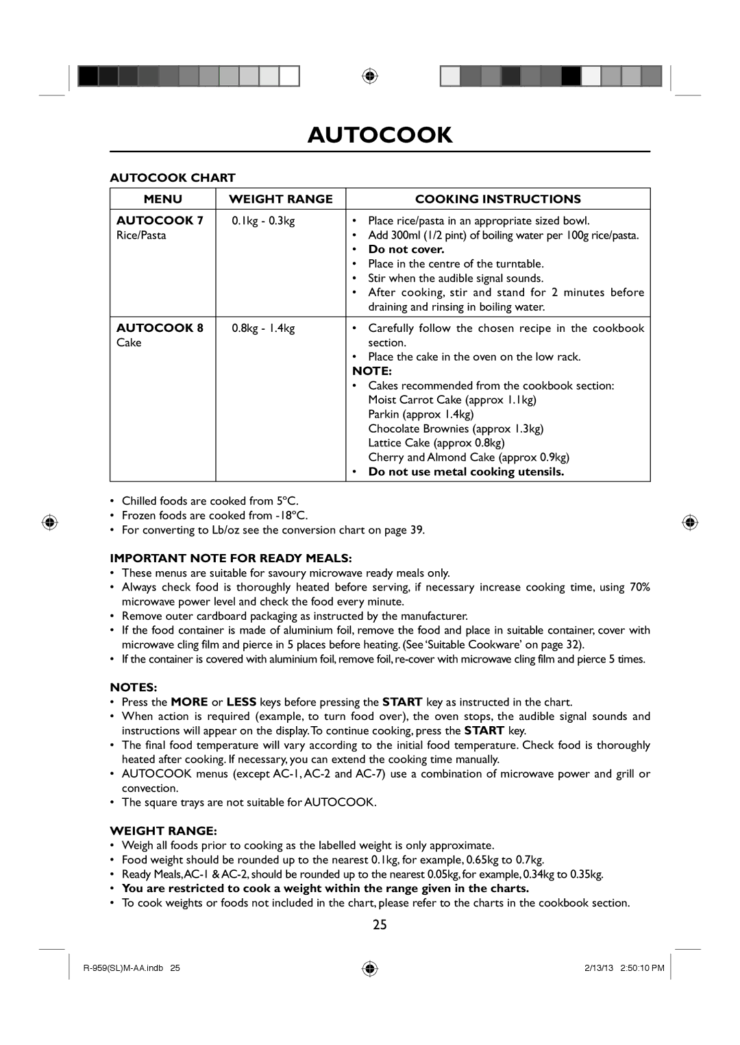 Sharp R-959(SL)M-AA Autocook Chart Menu Weight Range Cooking Instructions, Do not cover, Do not use metal cooking utensils 