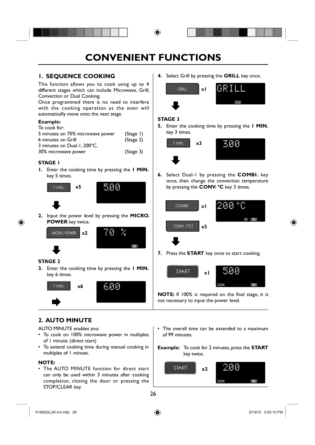 Sharp R-959(SL)M-AA manual Convenient Functions, To cook for Minutes on 70% microwave power, Minutes on Grill, Stage 