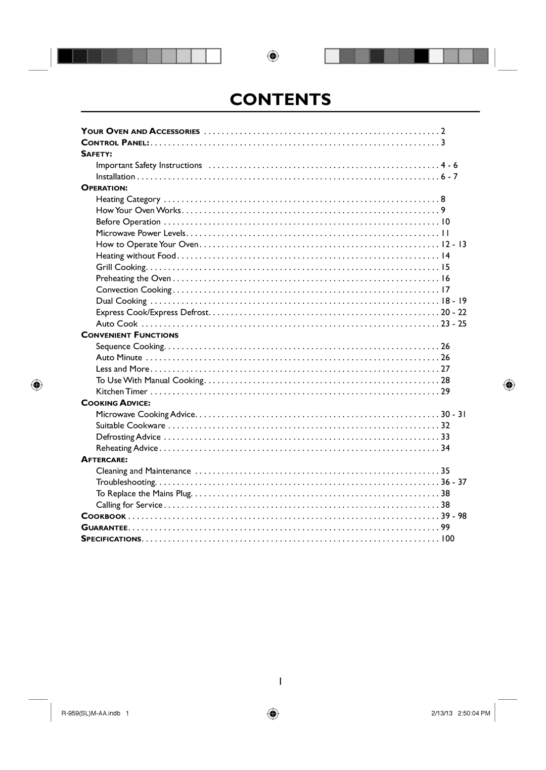 Sharp R-959(SL)M-AA manual Contents 