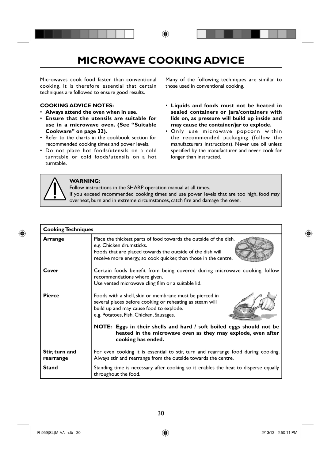 Sharp R-959(SL)M-AA manual Microwave Cooking Advice, Cooking Advice Notes 