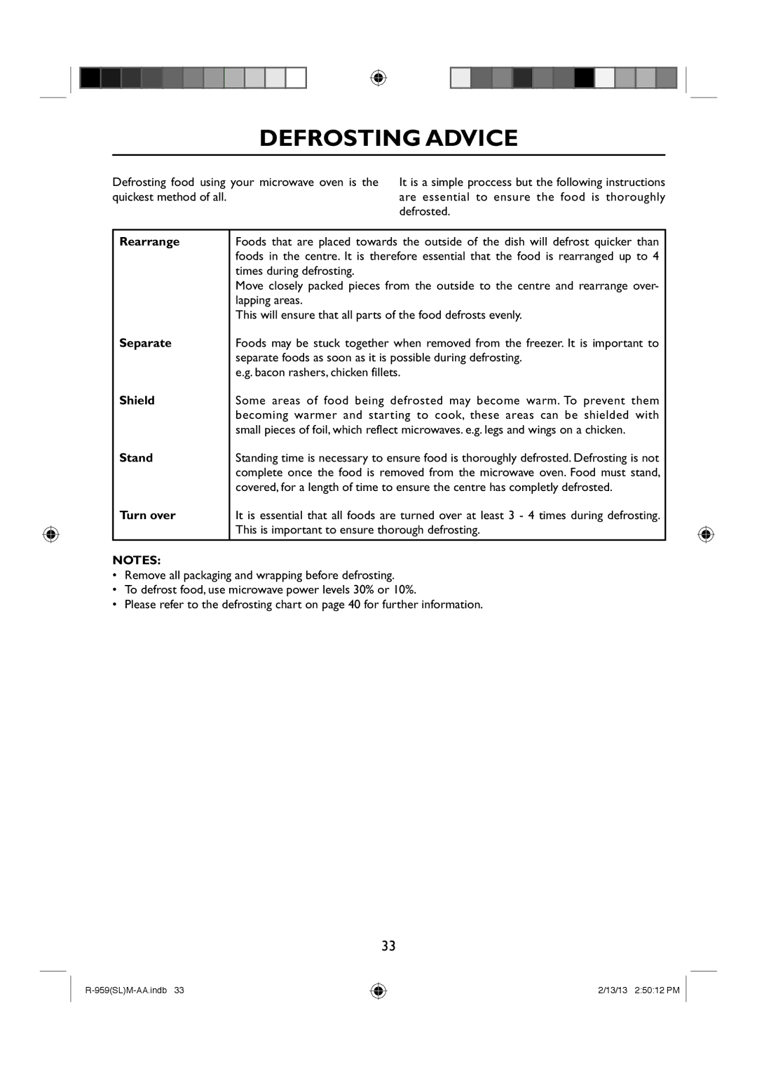 Sharp R-959(SL)M-AA manual Defrosting Advice, Separate, Shield, Turn over 