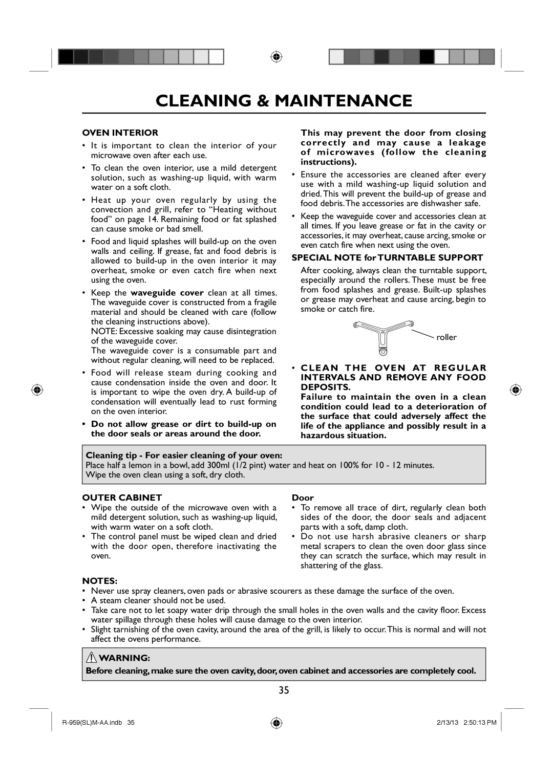 Sharp R-959(SL)M-AA manual Cleaning & Maintenance, Oven Interior, Special Note for Turntable Support, Outer Cabinet, Door 