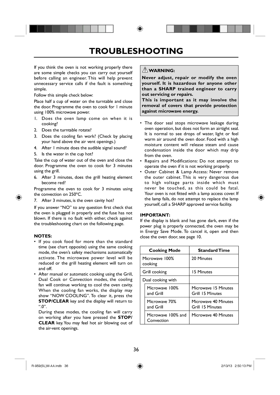 Sharp R-959(SL)M-AA manual Troubleshooting, Cooking Mode Standard Time 