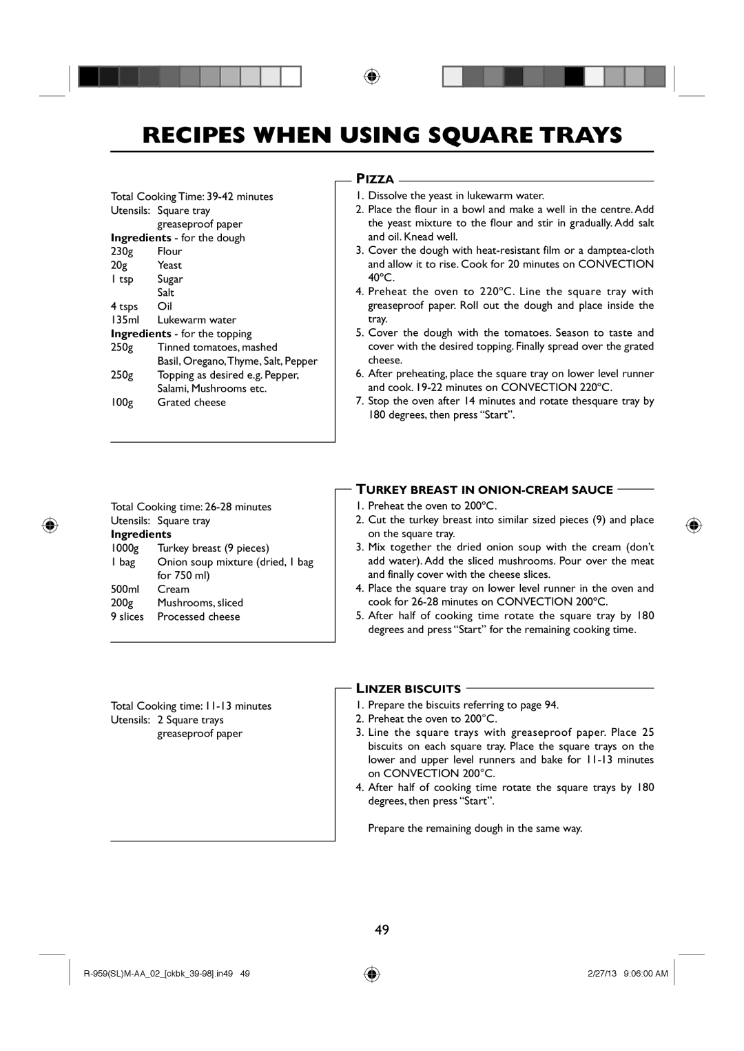 Sharp R-959(SL)M-AA manual Ingredients, Pizza, Turkey Breast in ONION-CREAM Sauce, Linzer Biscuits 