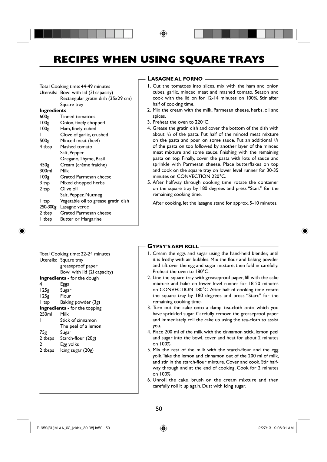 Sharp R-959(SL)M-AA manual Ingredients for the topping 250ml Milk, Lasagne AL Forno, GYPSY’S ARM Roll 