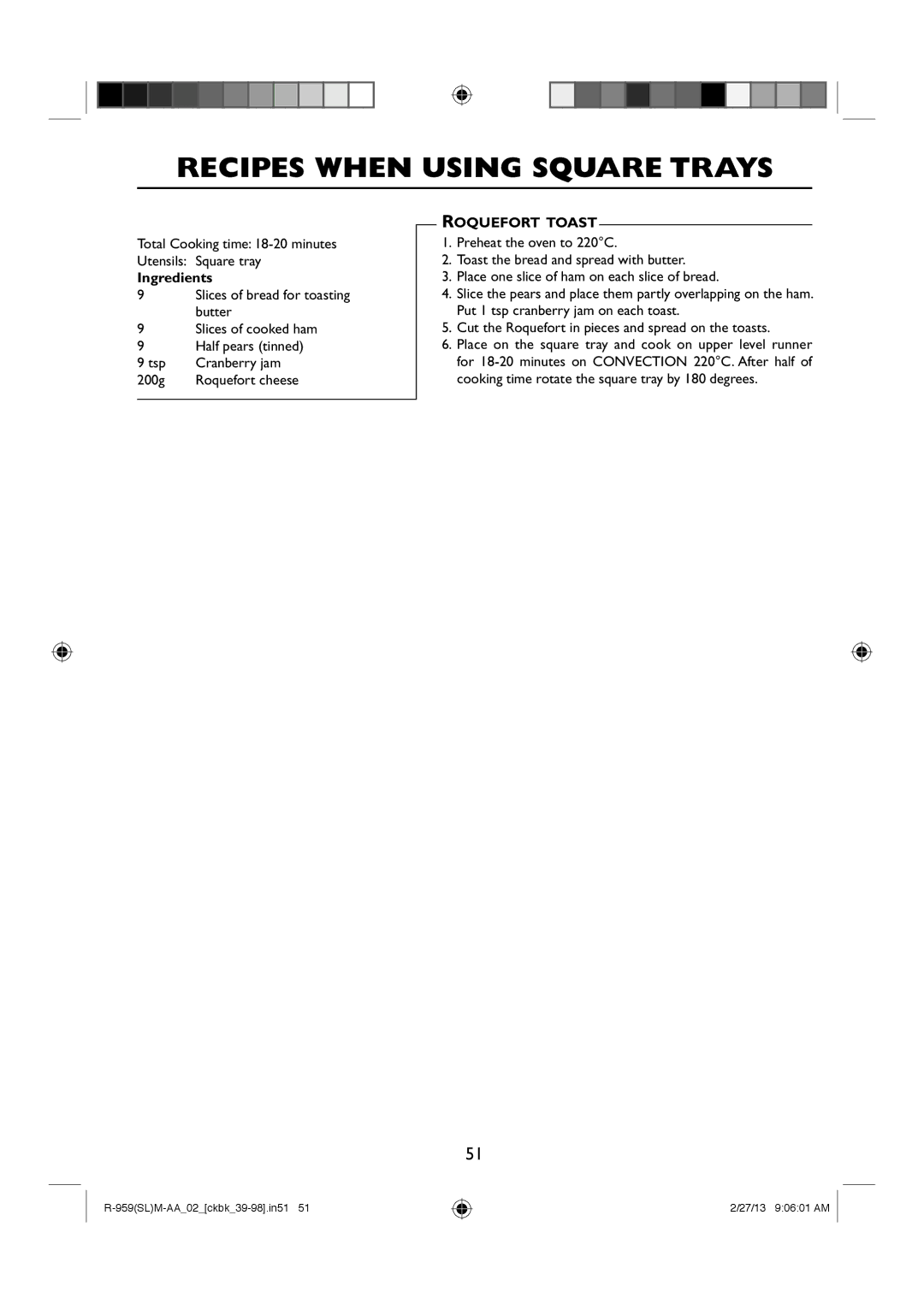 Sharp R-959(SL)M-AA manual Total Cooking time 18-20 minutes Utensils Square tray, Roquefort Toast 