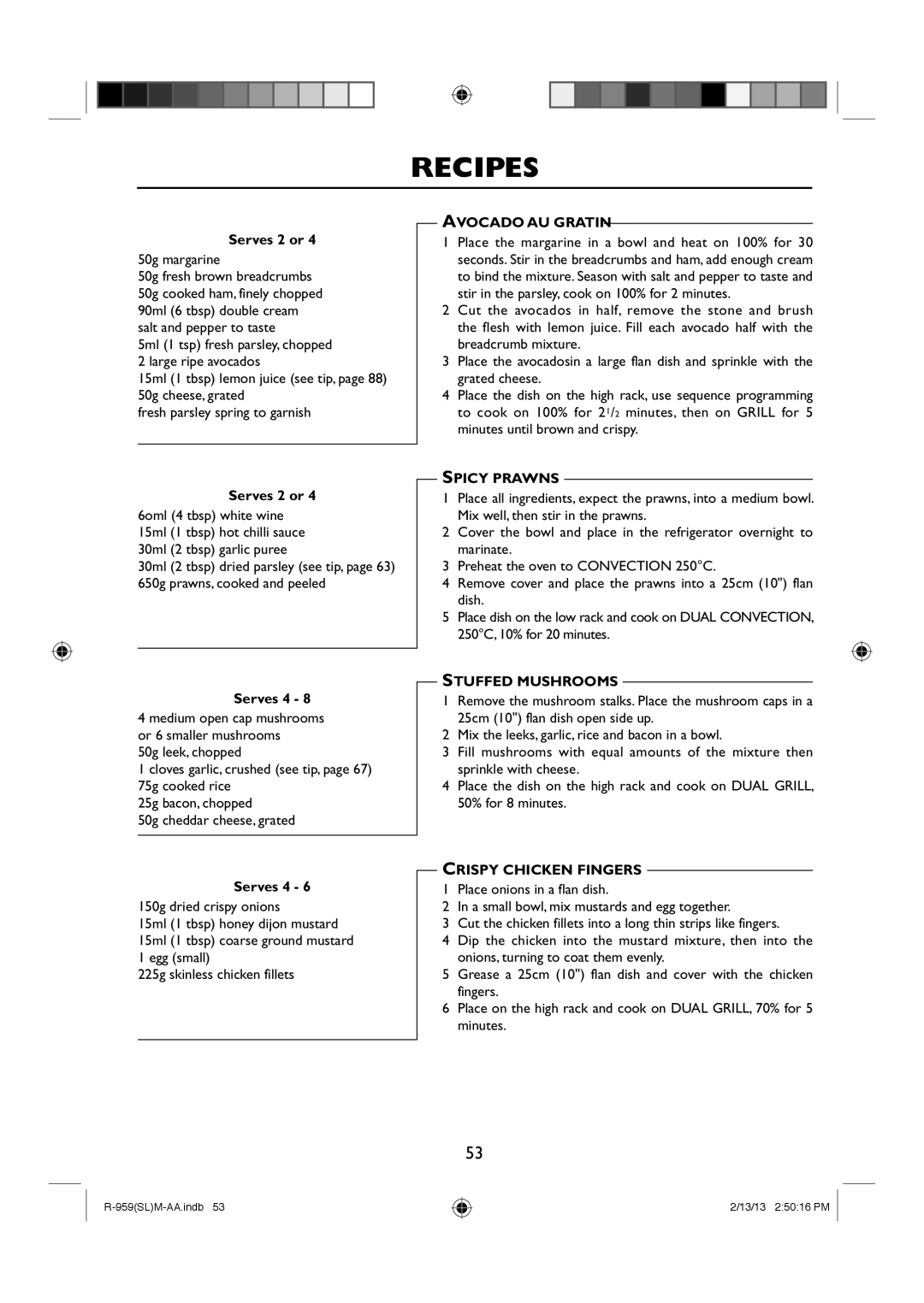 Sharp R-959(SL)M-AA manual Avocado AU Gratin, Spicy Prawns, Stuffed Mushrooms 