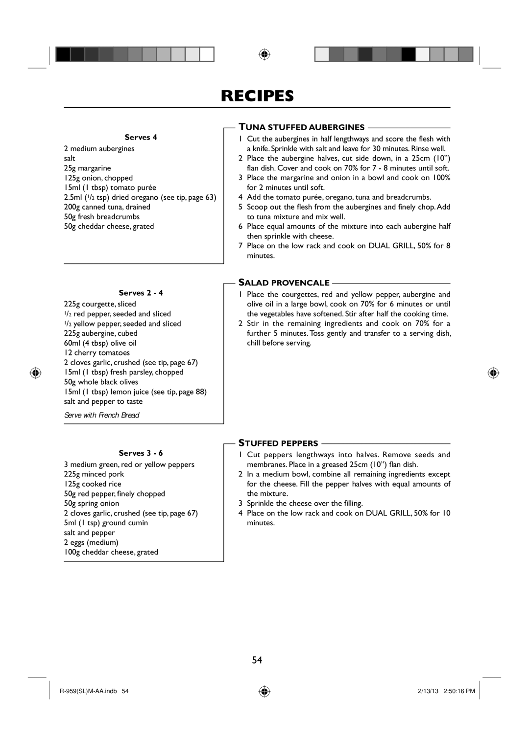 Sharp R-959(SL)M-AA manual Serves 2, Serves 3, Tuna Stuffed Aubergines, Salad Provencale, Stuffed Peppers 