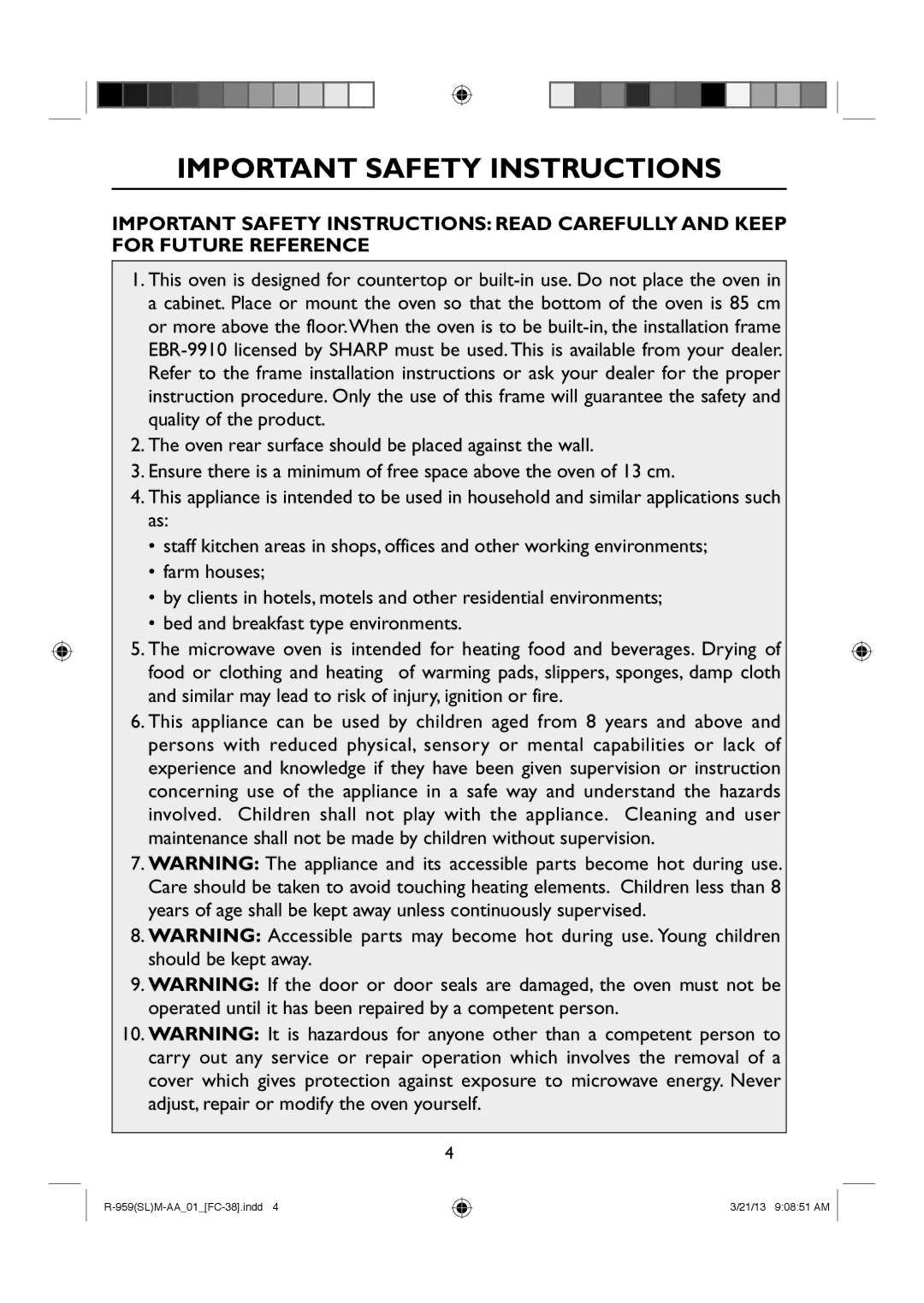 Sharp R-959(SL)M-AA manual Important Safety Instructions 