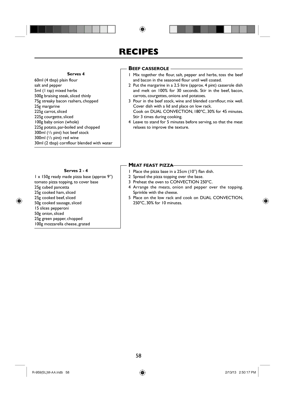 Sharp R-959(SL)M-AA manual Beef Casserole, Meat Feast Pizza 