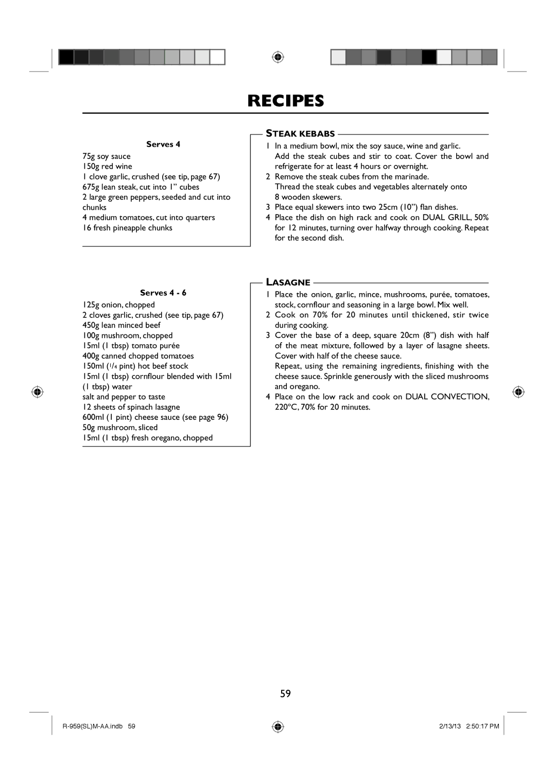 Sharp R-959(SL)M-AA manual Steak Kebabs, Lasagne 