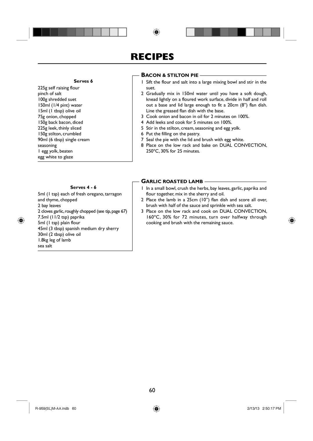 Sharp R-959(SL)M-AA manual 225g self raising flour pinch of salt, Bacon & Stilton PIE, Garlic Roasted Lamb 