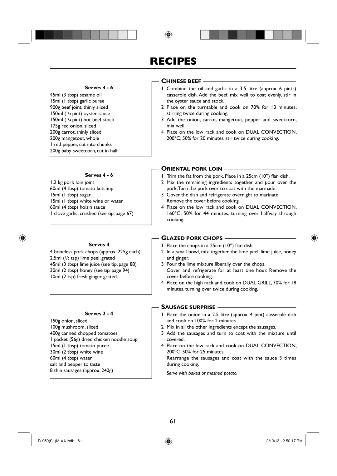 Sharp R-959(SL)M-AA manual Chinese Beef, Oriental Pork Loin, Glazed Pork Chops, Sausage Surprise 