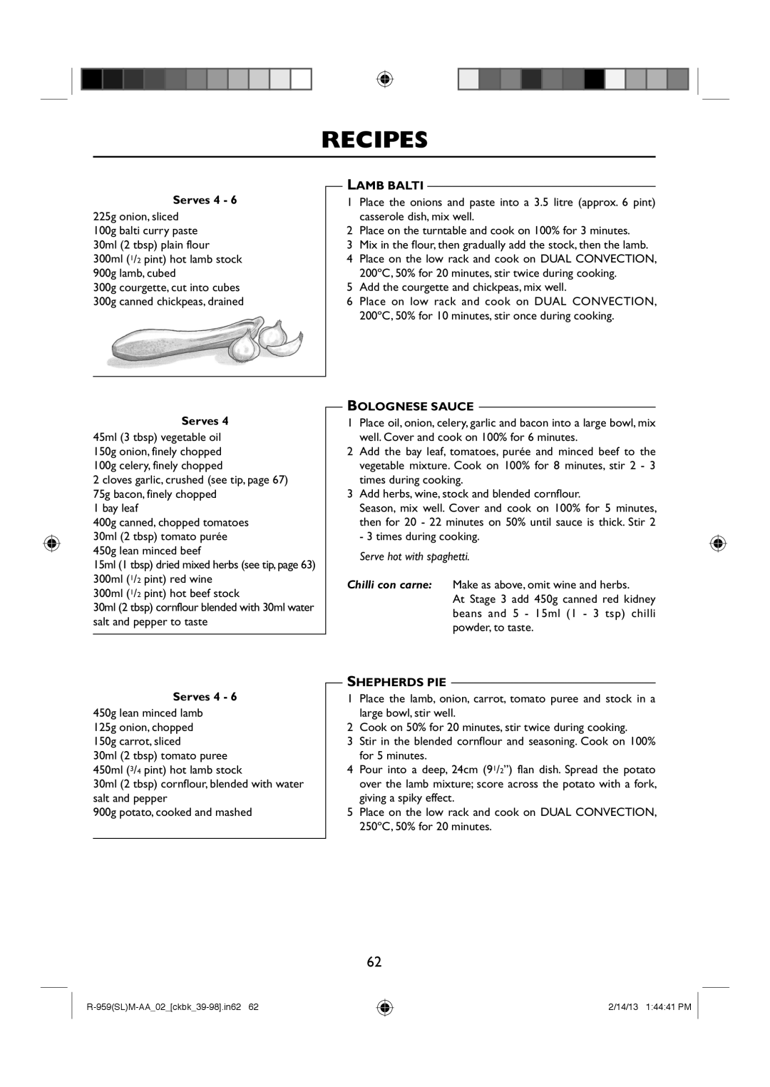 Sharp R-959(SL)M-AA manual Lamb Balti, Bolognese Sauce, Shepherds PIE 