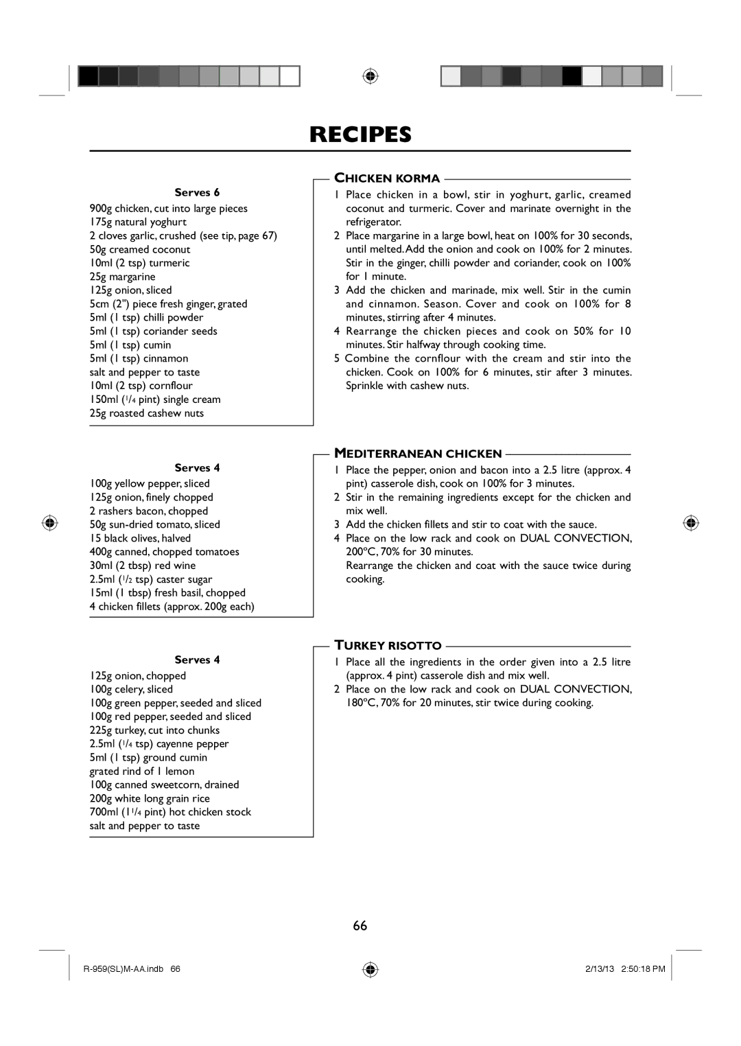 Sharp R-959(SL)M-AA manual Chicken Korma, Mediterranean Chicken, Turkey Risotto 