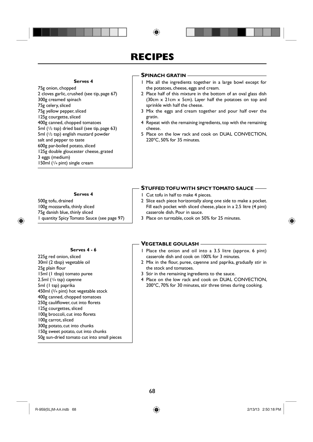 Sharp R-959(SL)M-AA manual Spinach Gratin, Stuffed Tofu with Spicy Tomato Sauce, Vegetable Goulash 