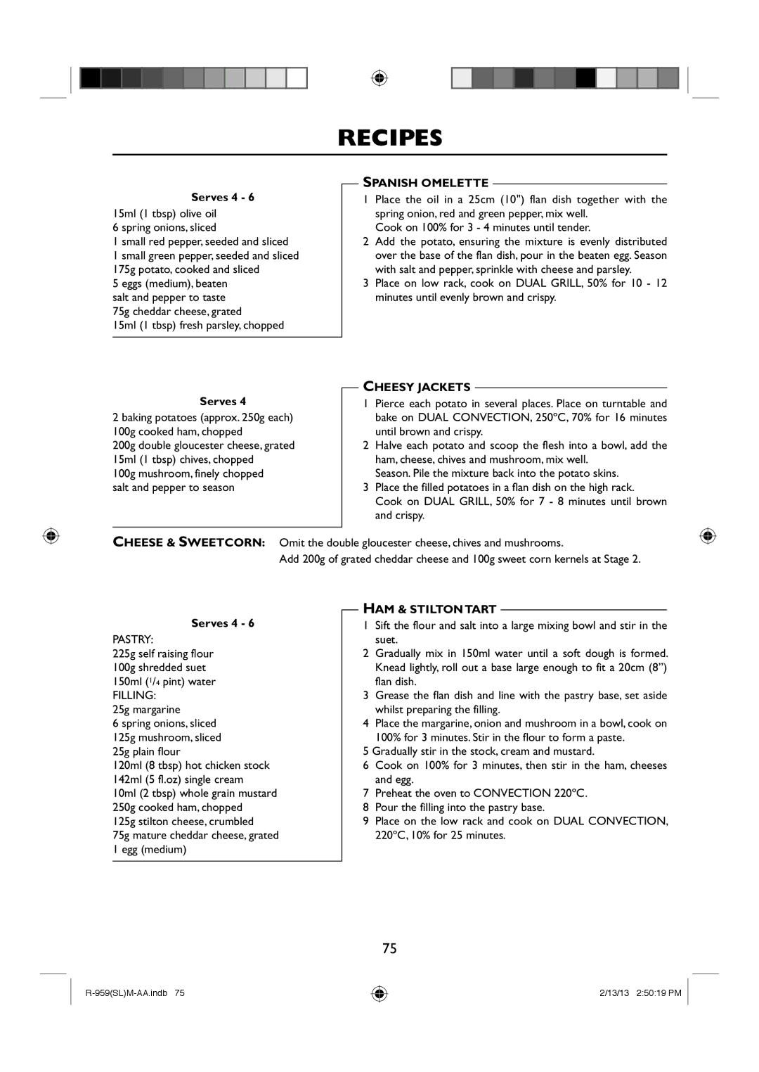 Sharp R-959(SL)M-AA manual Spanish Omelette, Cheesy Jackets, Cheese & Sweetcorn, HAM & Stilton Tart 