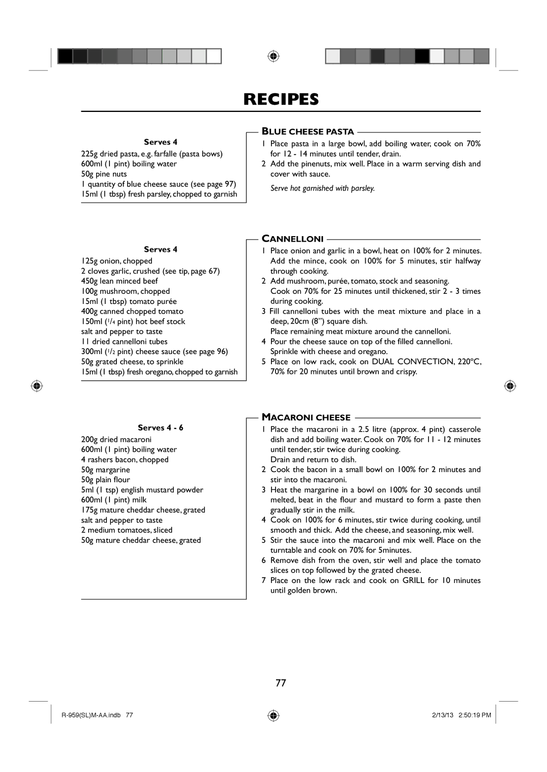 Sharp R-959(SL)M-AA manual Dried cannelloni tubes, Blue Cheese Pasta, Cannelloni, Macaroni Cheese 