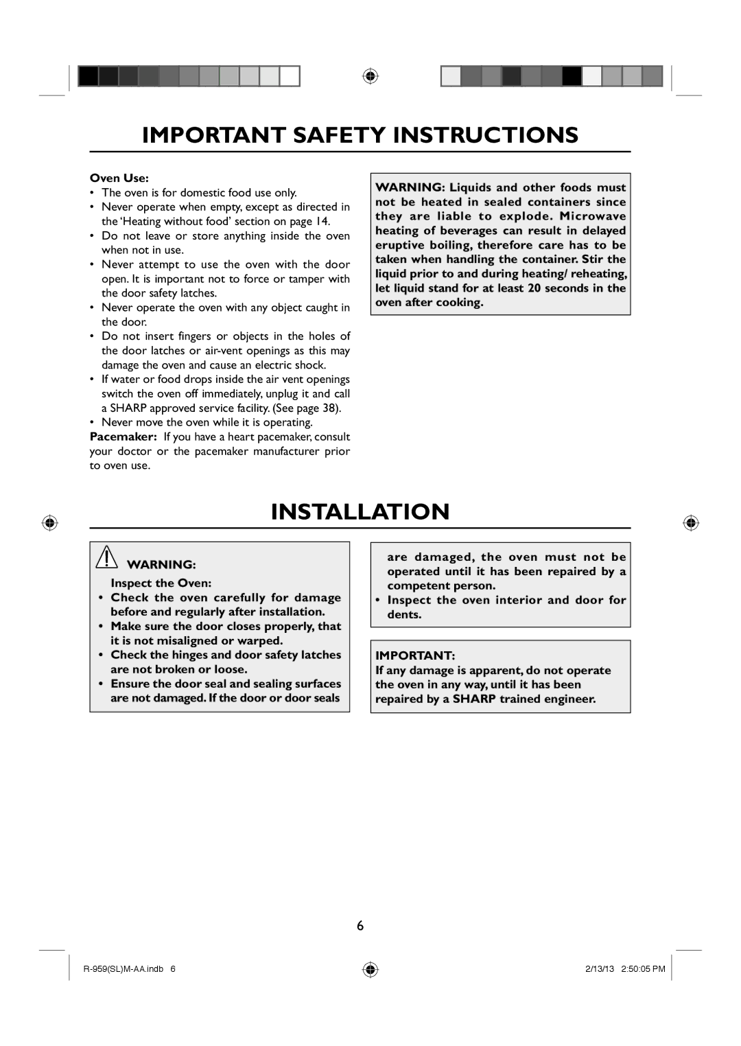 Sharp R-959(SL)M-AA manual Installation, Oven Use 