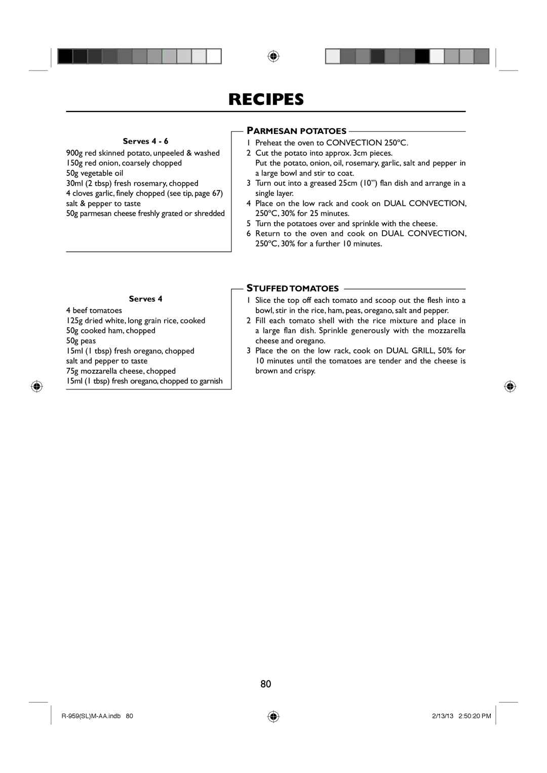 Sharp R-959(SL)M-AA manual Parmesan Potatoes, Stuffed Tomatoes 