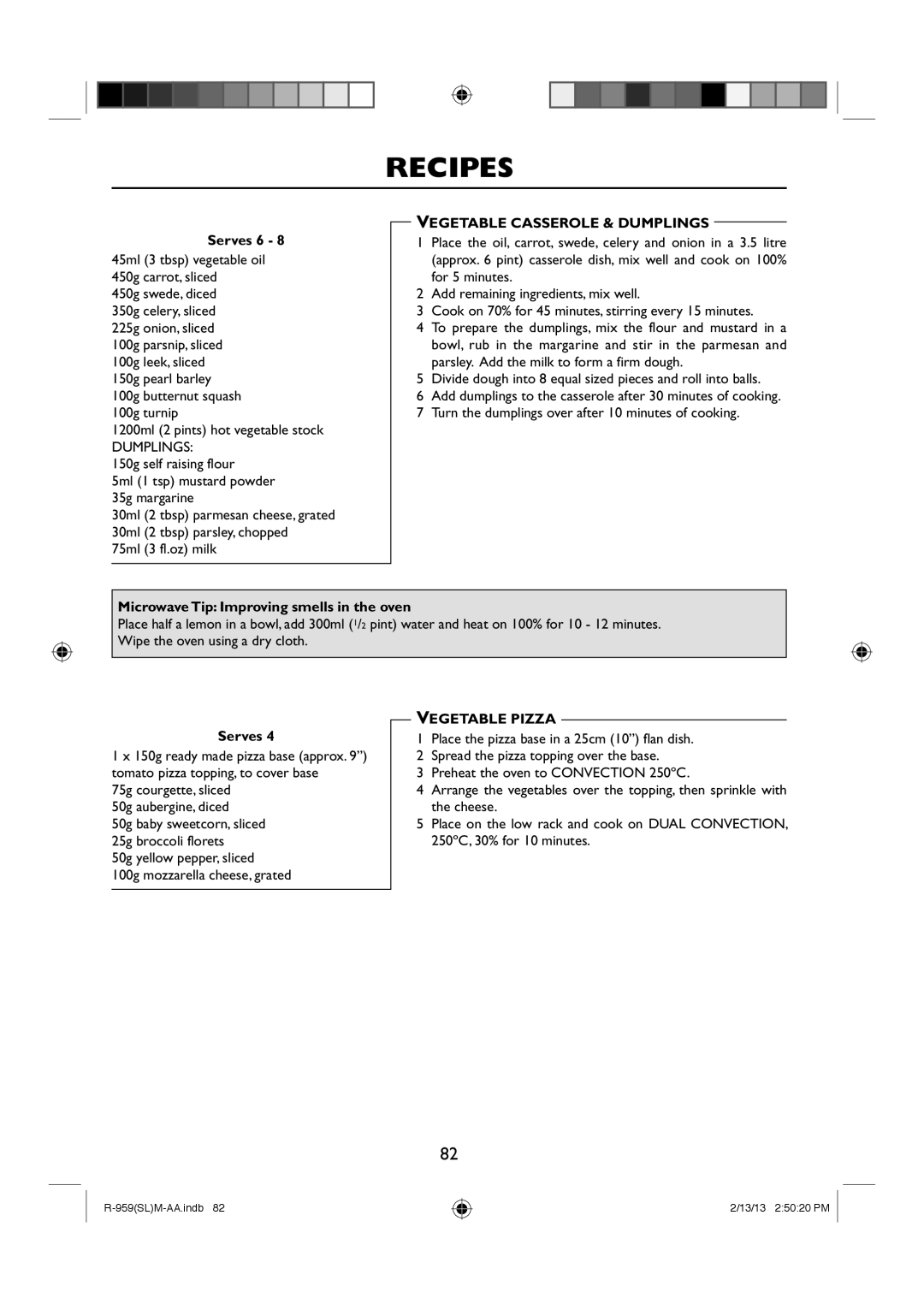 Sharp R-959(SL)M-AA manual Serves 6, Vegetable Casserole & Dumplings, Microwave Tip Improving smells in the oven 