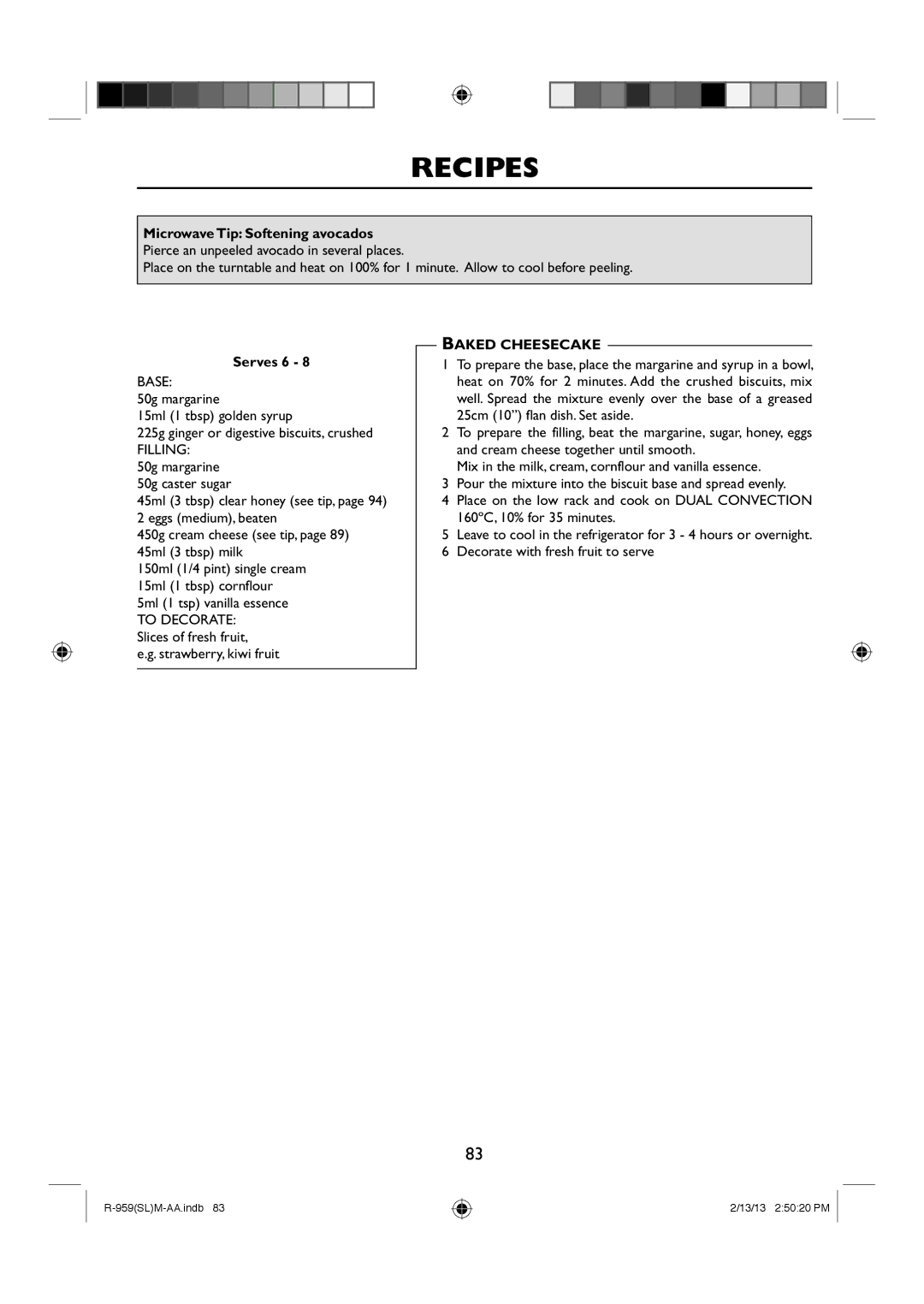 Sharp R-959(SL)M-AA manual Base, Baked Cheesecake 