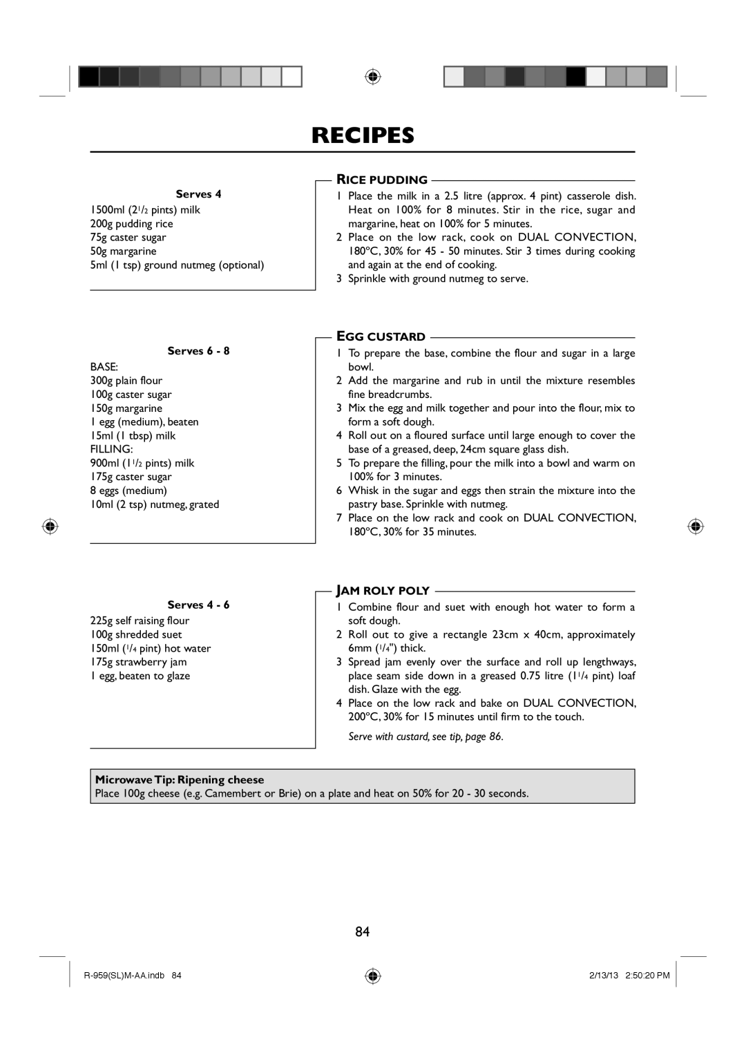 Sharp R-959(SL)M-AA manual Rice Pudding, EGG Custard, JAM Roly Poly, Microwave Tip Ripening cheese 