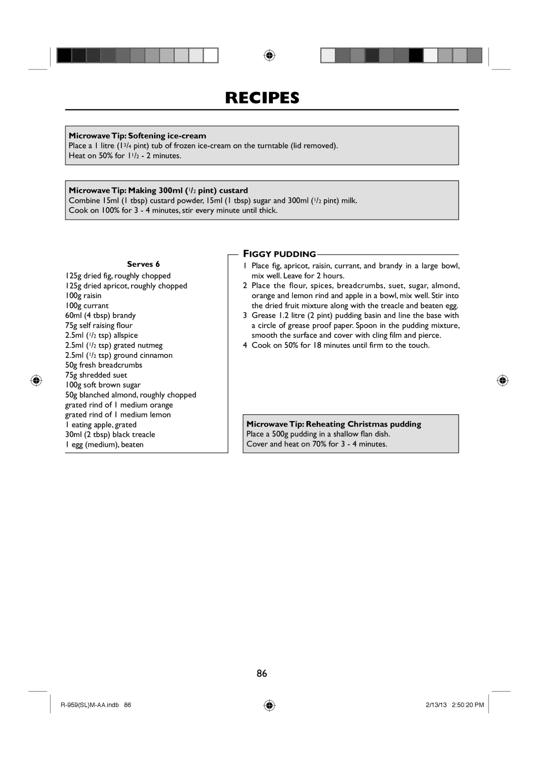 Sharp R-959(SL)M-AA manual Microwave Tip Softening ice-cream, Microwave Tip Making 300ml 1/2 pint custard, Figgy Pudding 