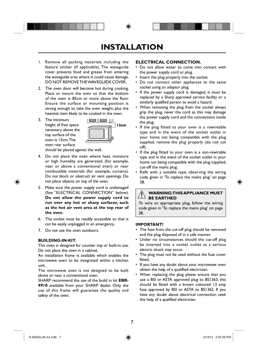 Sharp R-959(SL)M-AA manual Do not Remove Thewaveguide Cover, Minimum Height of free space, Building-In-Kit 