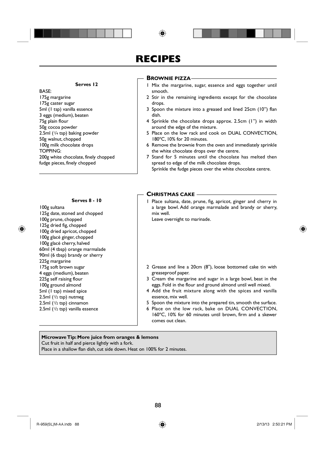 Sharp R-959(SL)M-AA manual Serves 8, Brownie Pizza, Christmas Cake 