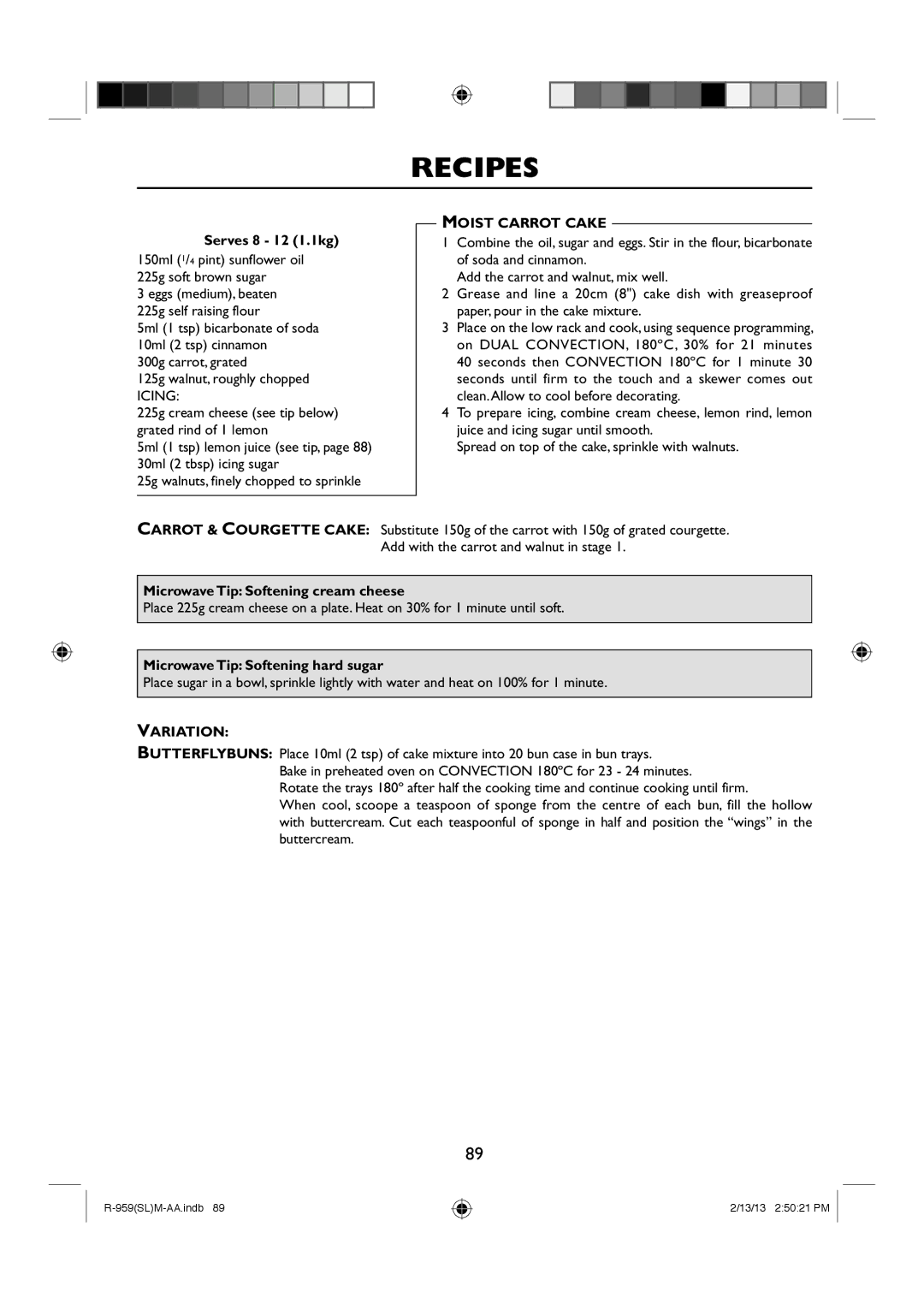 Sharp R-959(SL)M-AA manual Serves 8 12 1.1kg, Moist Carrot Cake, Microwave Tip Softening cream cheese, Variation 