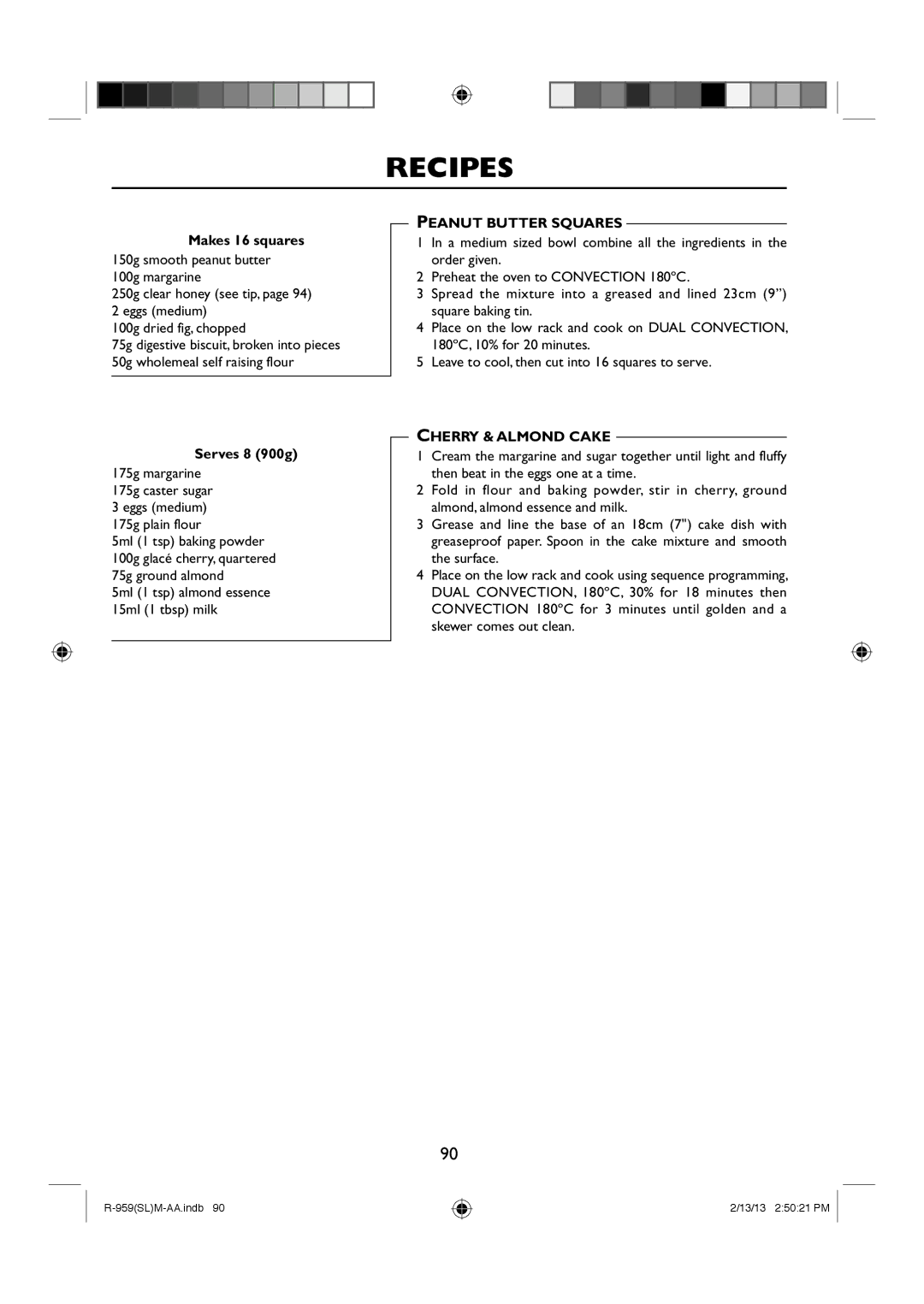 Sharp R-959(SL)M-AA manual Makes 16 squares, Serves 8 900g, Peanut Butter Squares, Cherry & Almond Cake 