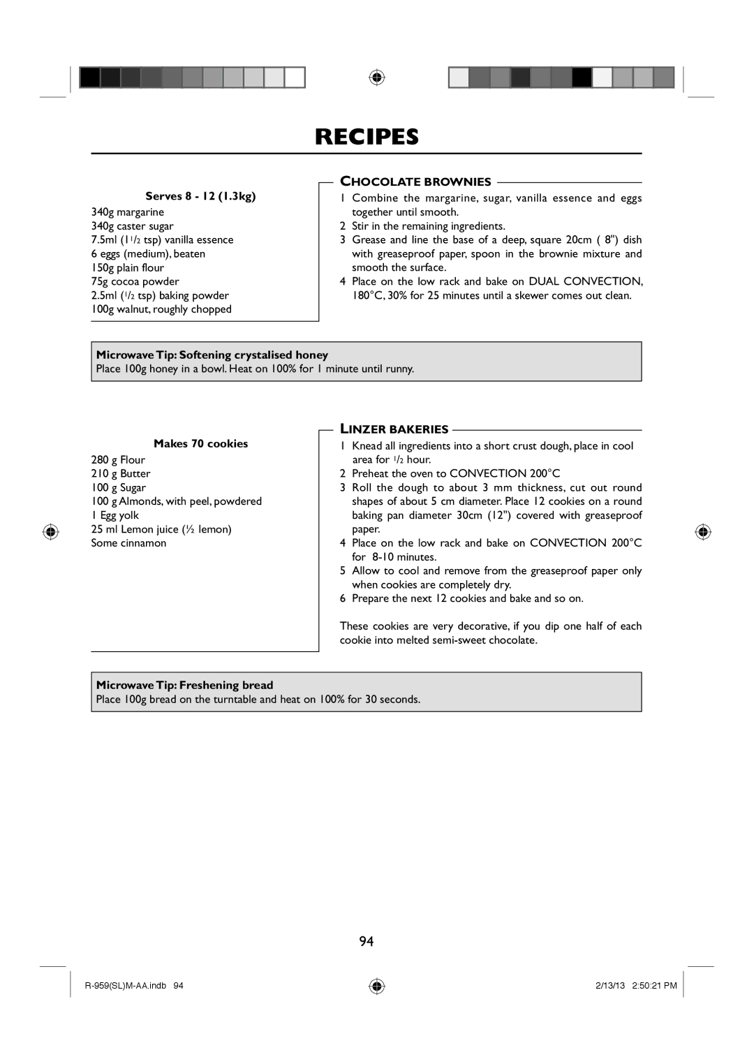 Sharp R-959(SL)M-AA manual Chocolate Brownies, Linzer Bakeries 