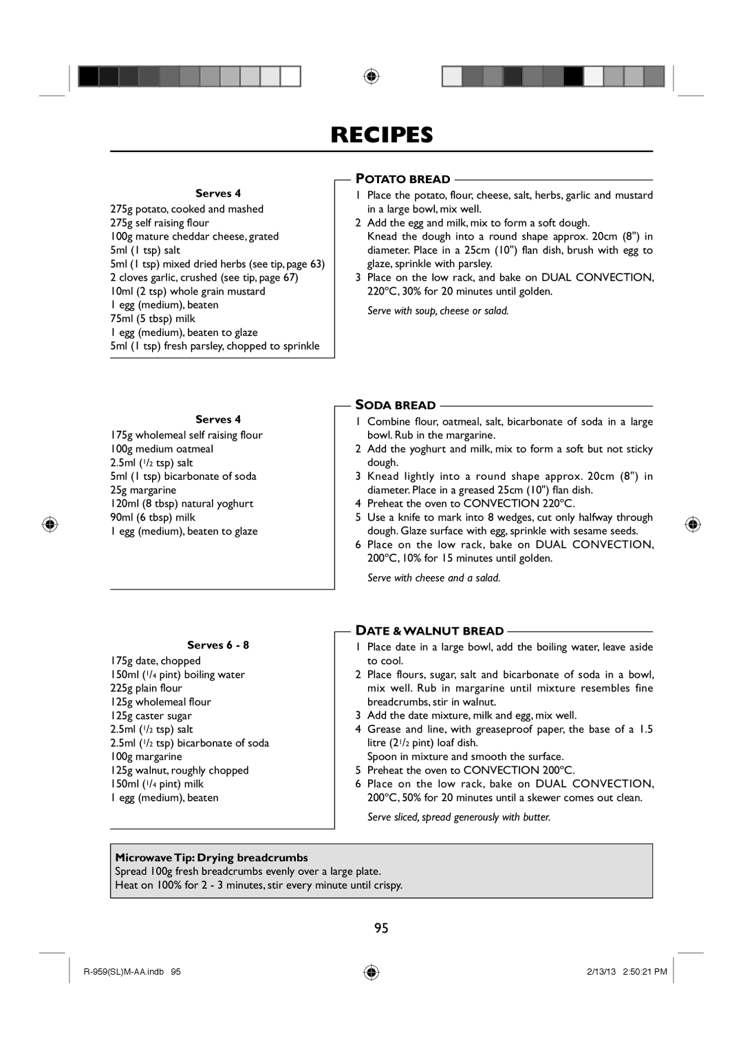 Sharp R-959(SL)M-AA manual 175g wholemeal self raising flour, Potato Bread, Soda Bread, Date & Walnut Bread 