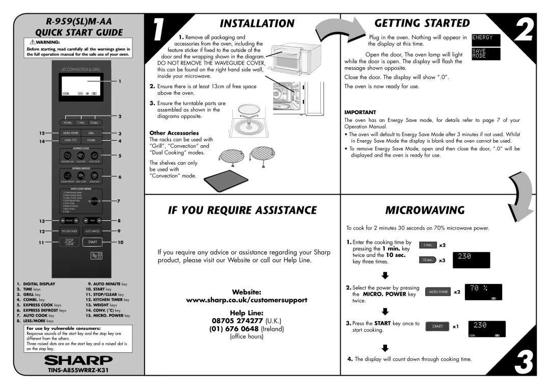 Sharp R-959(SL)M-AA quick start Installation, Getting Started, If YOU Require Assistance, Microwaving 