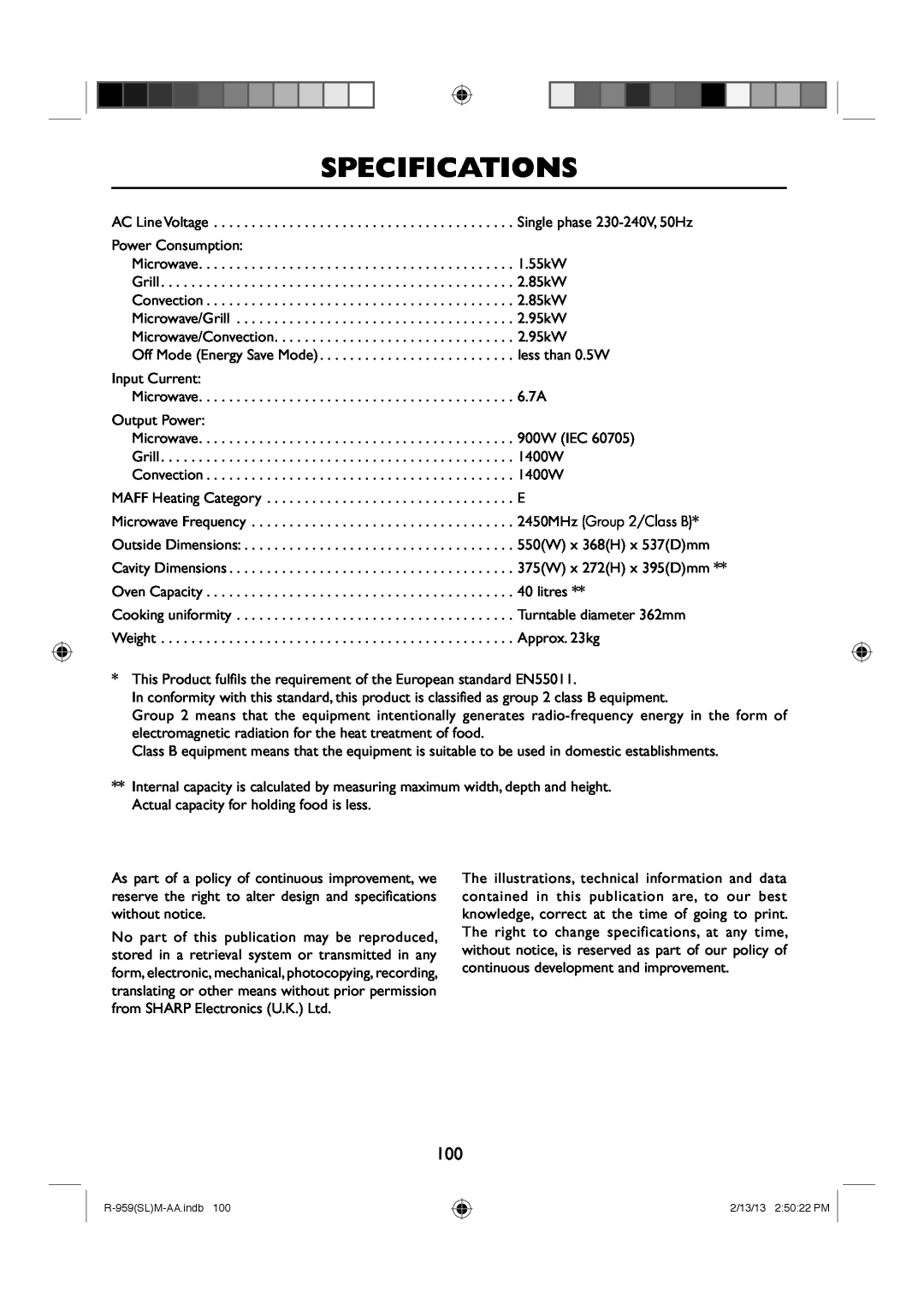 Sharp R-959(SL)M-AA manual Specifications 