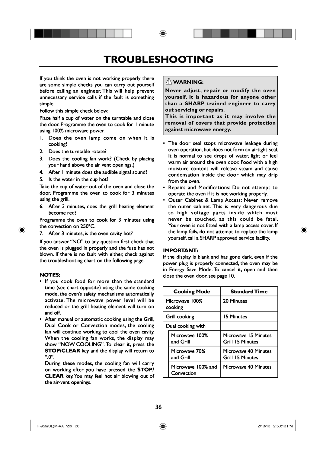 Sharp R-959(SL)M-AA manual Troubleshooting, Cooking Mode, Standard Time 