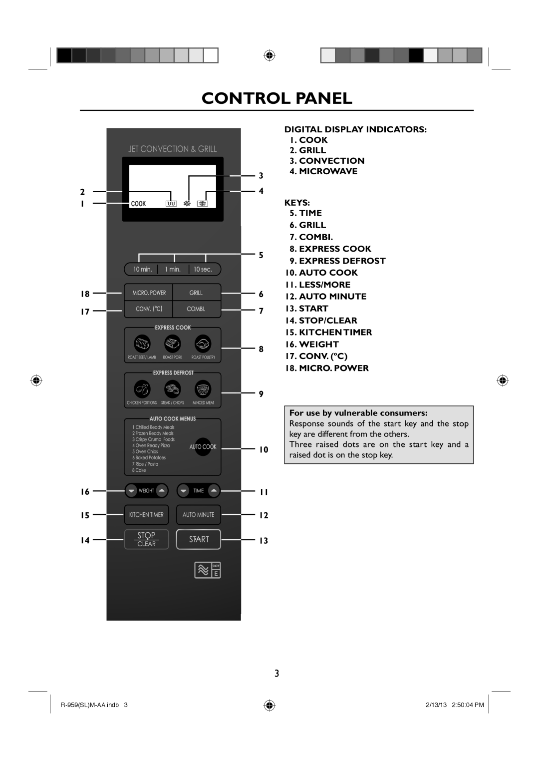 Sharp R-959(SL)M-AA manual Control Panel, Digital Display Indicators, Cook, Grill, Convection, Microwave, Keys, Time, Combi 