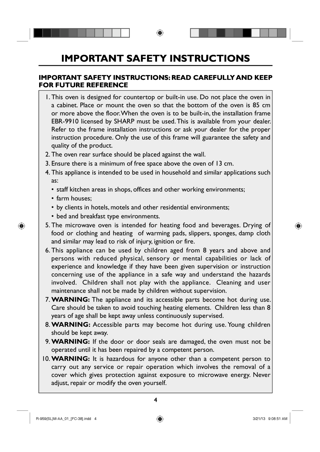Sharp R-959(SL)M-AA manual Important Safety Instructions 